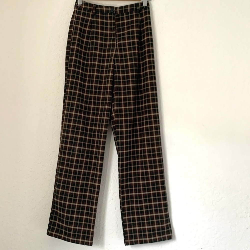 Brandy Melville Plaid Trouser Women S Green Brown High Rise Pleats Dark Academia
